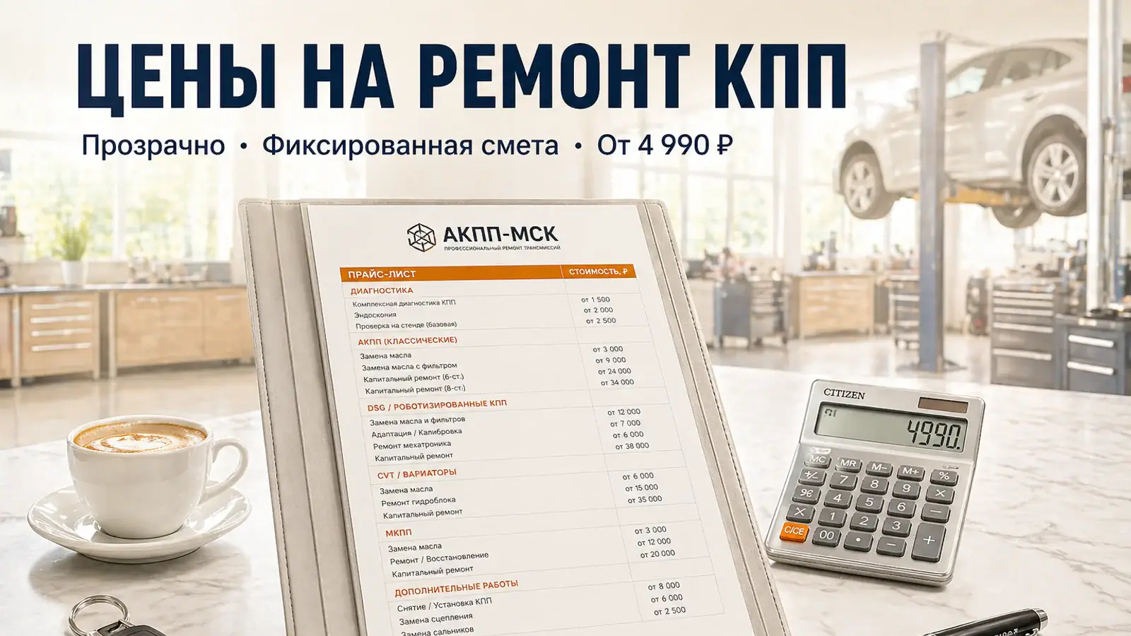Прайс-лист АКПП-МСК на ремонт коробок передач — прозрачные цены, фиксированная смета, от 4 990 ₽