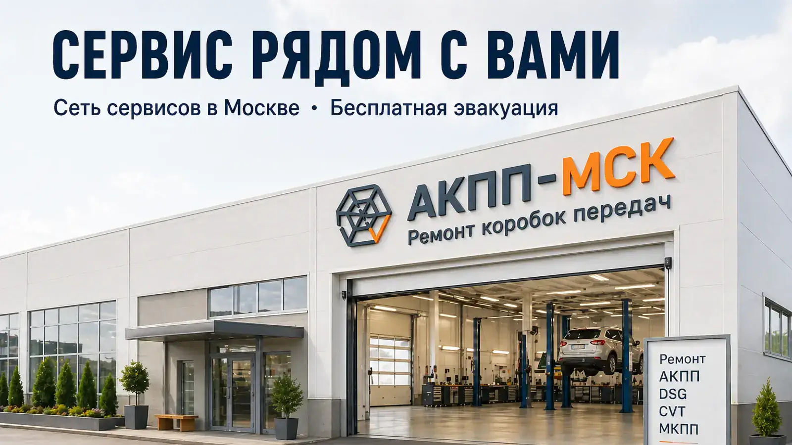 Светлый фасад сервиса АКПП-МСК с фирменной вывеской — сеть сервисов в Москве и бесплатная эвакуация