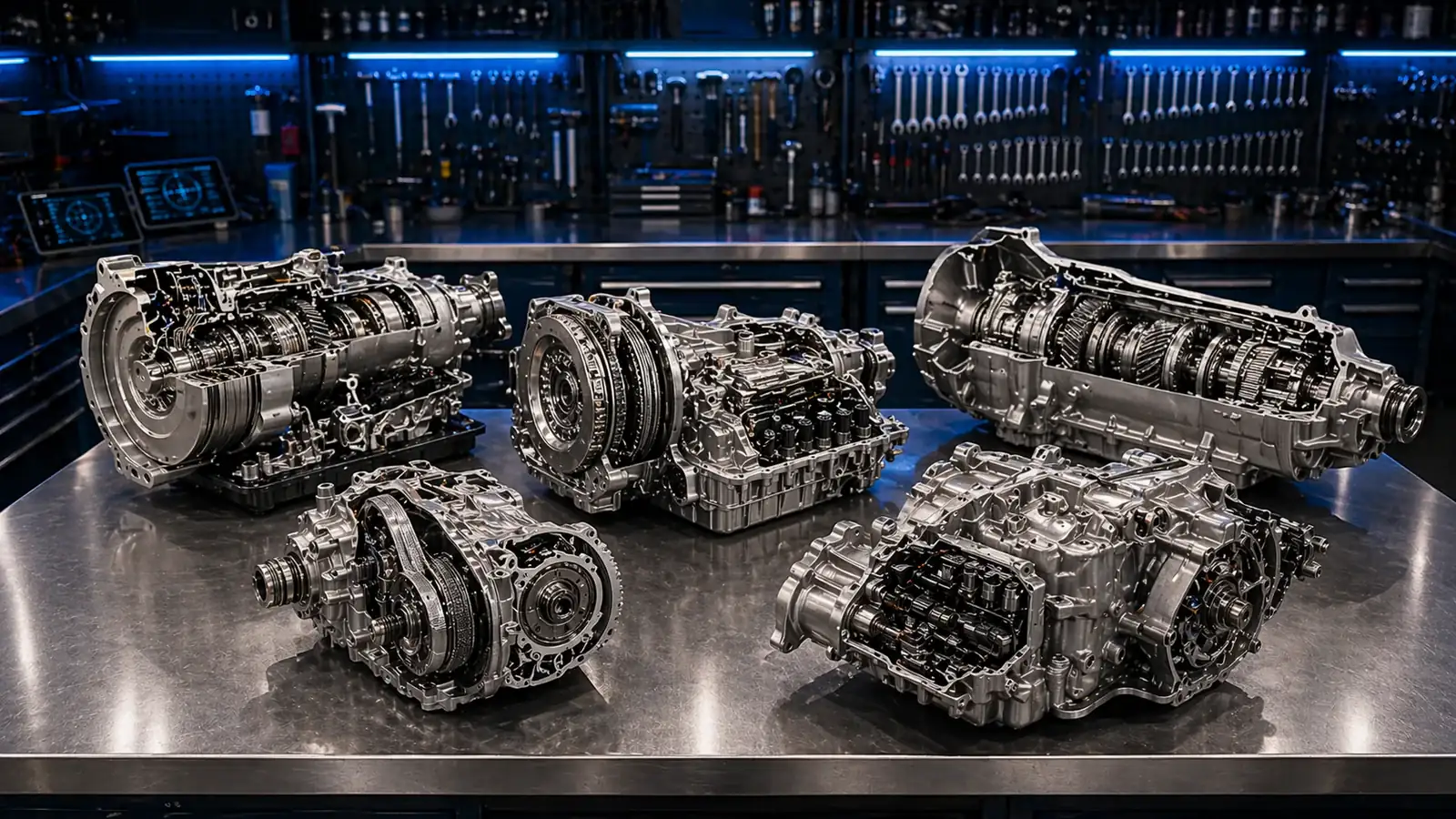 Разные типы коробок передач на витрине мастерской — ремонт АКПП, DSG, CVT, ZF, DCT для всех марок в АКПП-МСК