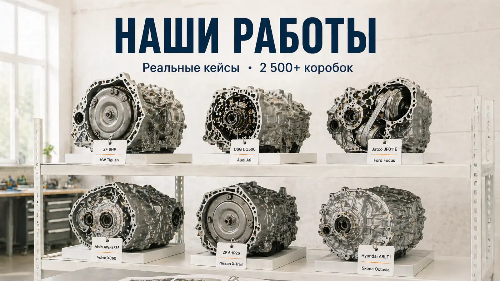 Стеллаж с отремонтированными коробками передач АКПП-МСК — реальные кейсы по ZF, DSG, Jatco, Aisin, Hyundai