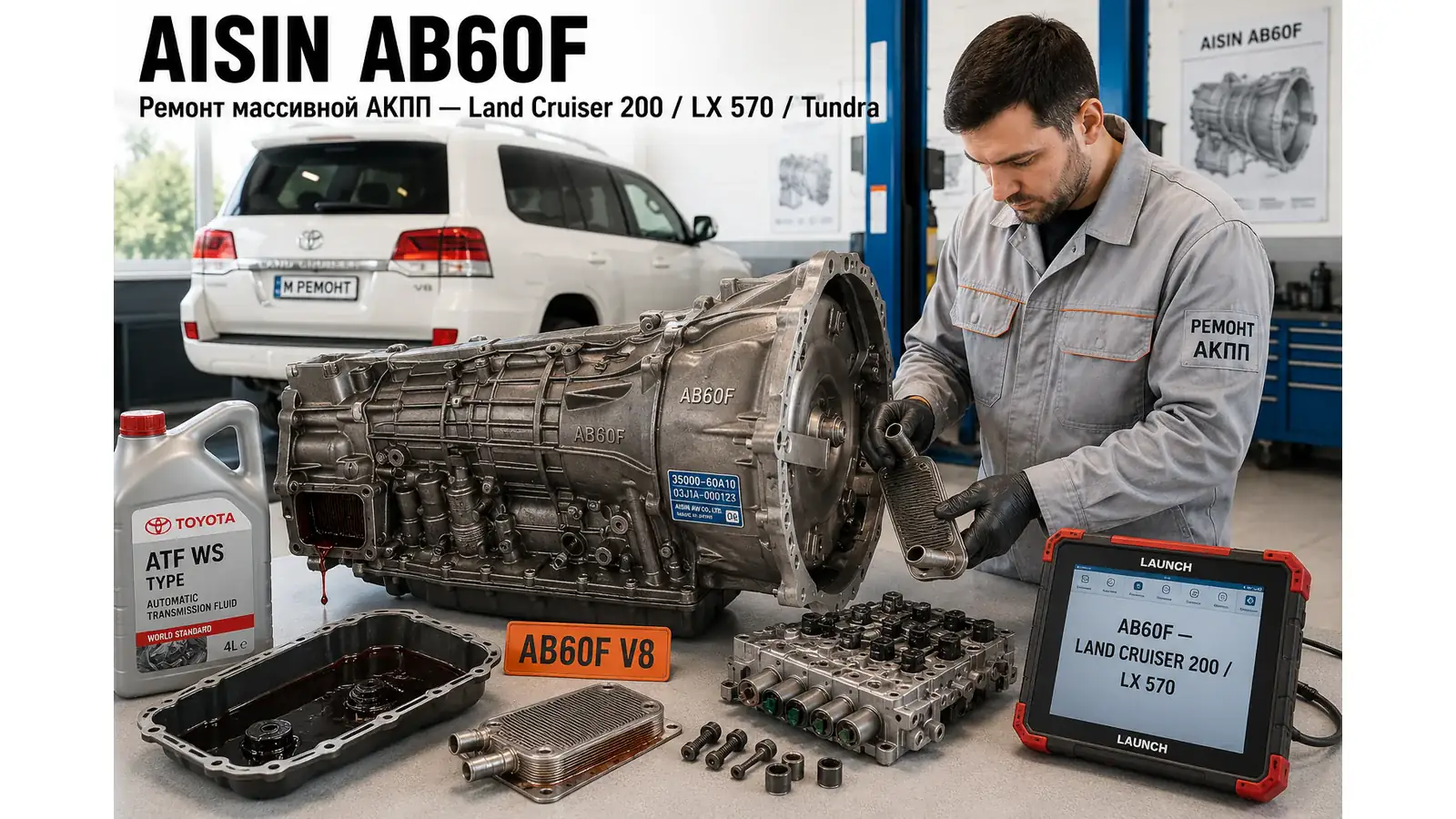 Ремонт Aisin AB60F — диагностика бесплатно, гарантия 12 мес Разобранная массивная 6-ступенчатая АКПП Aisin AB60F на верстаке — ремонт коробок Toyota Land Cruiser 200, Tundra, Sequoia, Lexus LX570 в АКПП-МСК