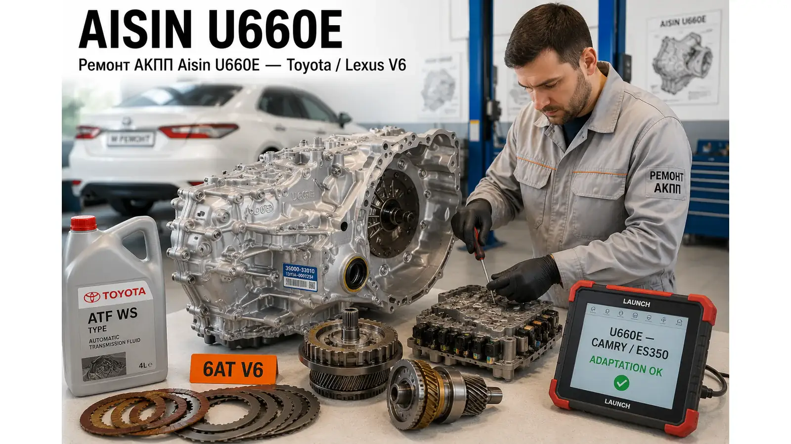 Ремонт Aisin U660E — диагностика бесплатно, гарантия 12 мес Разобранная 6-ступенчатая АКПП Aisin U660E на верстаке — ремонт коробок Toyota Camry V40, Lexus ES350 / RX350 / NX300 в АКПП-МСК