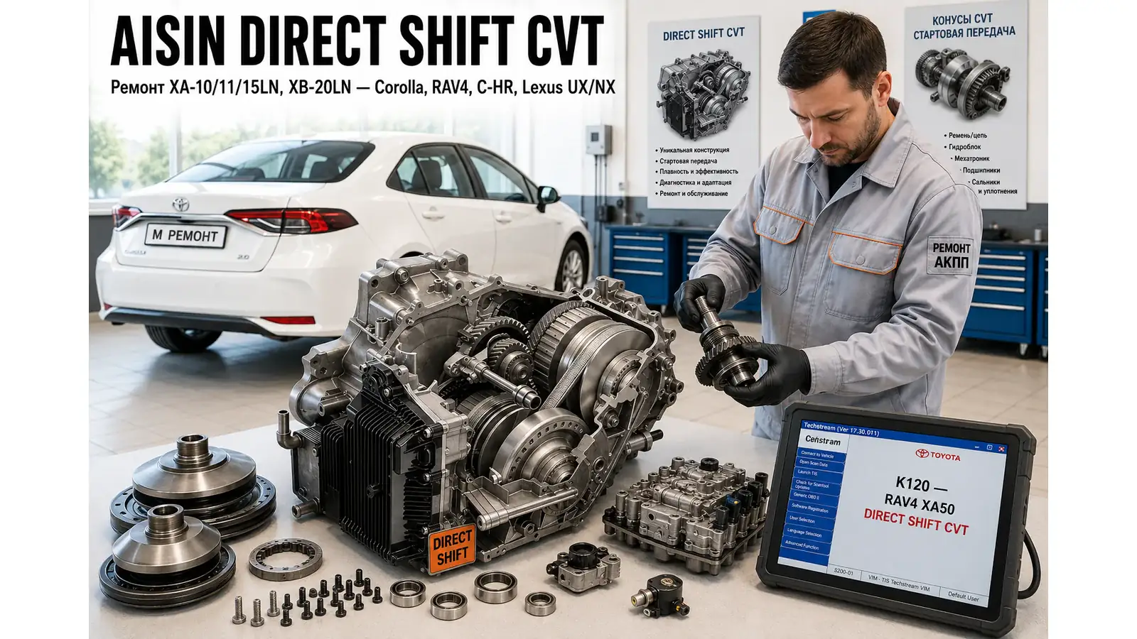 Ремонт Aisin XA Direct Shift CVT (XA-10LN/11LN/15LN/XB-20LN) — диагностика бесплатно, гарантия 12 мес Разобранный вариатор Aisin XA Direct Shift CVT (XA-10LN/11LN/15LN/XB-20LN) на верстаке — ремонт Toyota Corolla E210, RAV4 XA50, C-HR, Camry (рестайл некоторые) в АКПП-МСК