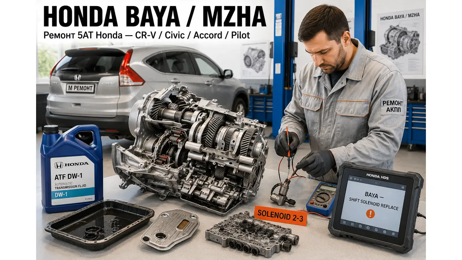 Ремонт Honda 5AT BAYA — диагностика бесплатно, гарантия 12 мес Разобранная 5-ступенчатая АКПП Honda BAYA на верстаке — ремонт коробок Honda CR-V III/IV, Civic FB, Accord 8/9, Pilot, Odyssey в АКПП-МСК