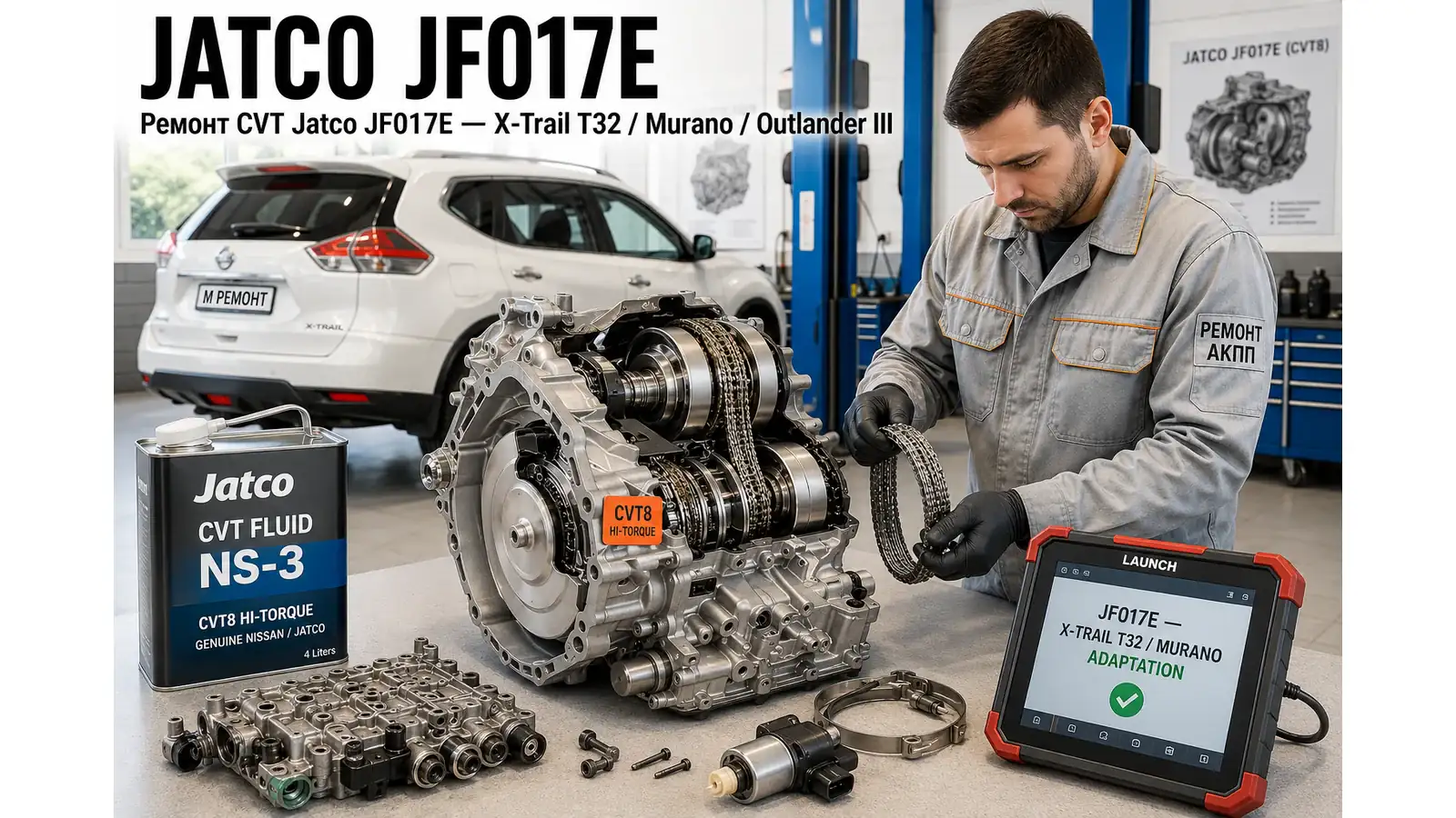 Ремонт Jatco JF017E CVT8 HiTorque — диагностика бесплатно, гарантия 12 мес Разобранный вариатор Jatco JF017E (CVT8 HiTorque) на верстаке — ремонт CVT Nissan X-Trail T32, Murano, Outlander III в АКПП-МСК