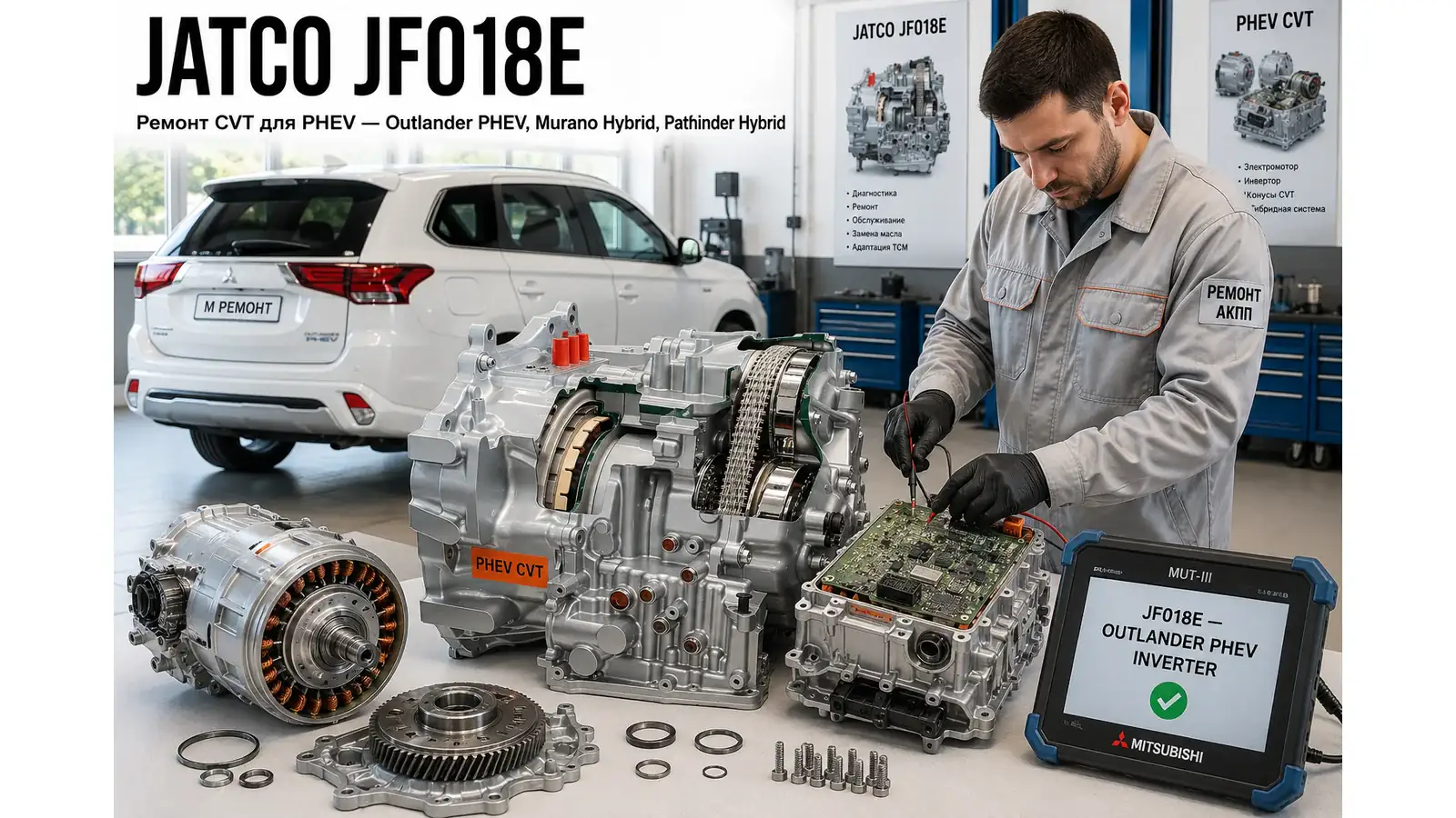 Ремонт Jatco JF018E (CVT8 PHEV) — диагностика бесплатно, гарантия 12 мес Разобранный вариатор Jatco JF018E (CVT8 PHEV) на верстаке — ремонт Mitsubishi Outlander PHEV, Nissan Murano Hybrid, Nissan Pathfinder Hybrid в АКПП-МСК