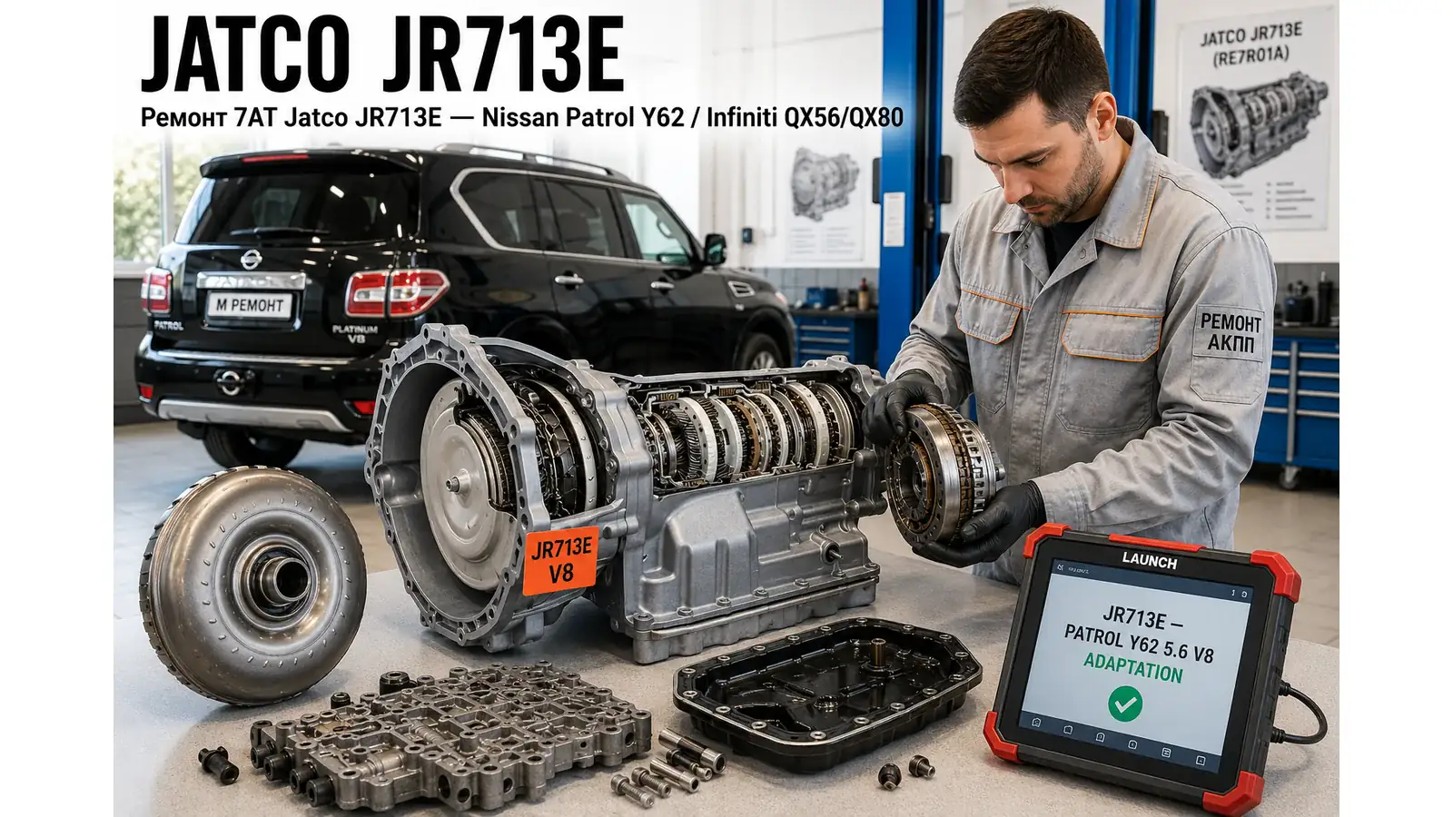 Ремонт Jatco JR713E — диагностика бесплатно, гарантия 12 мес Разобранная 7-ступенчатая АКПП Jatco JR713E (RE7R01A) на верстаке — ремонт коробок Nissan Patrol Y62, Infiniti QX56, QX80 в АКПП-МСК