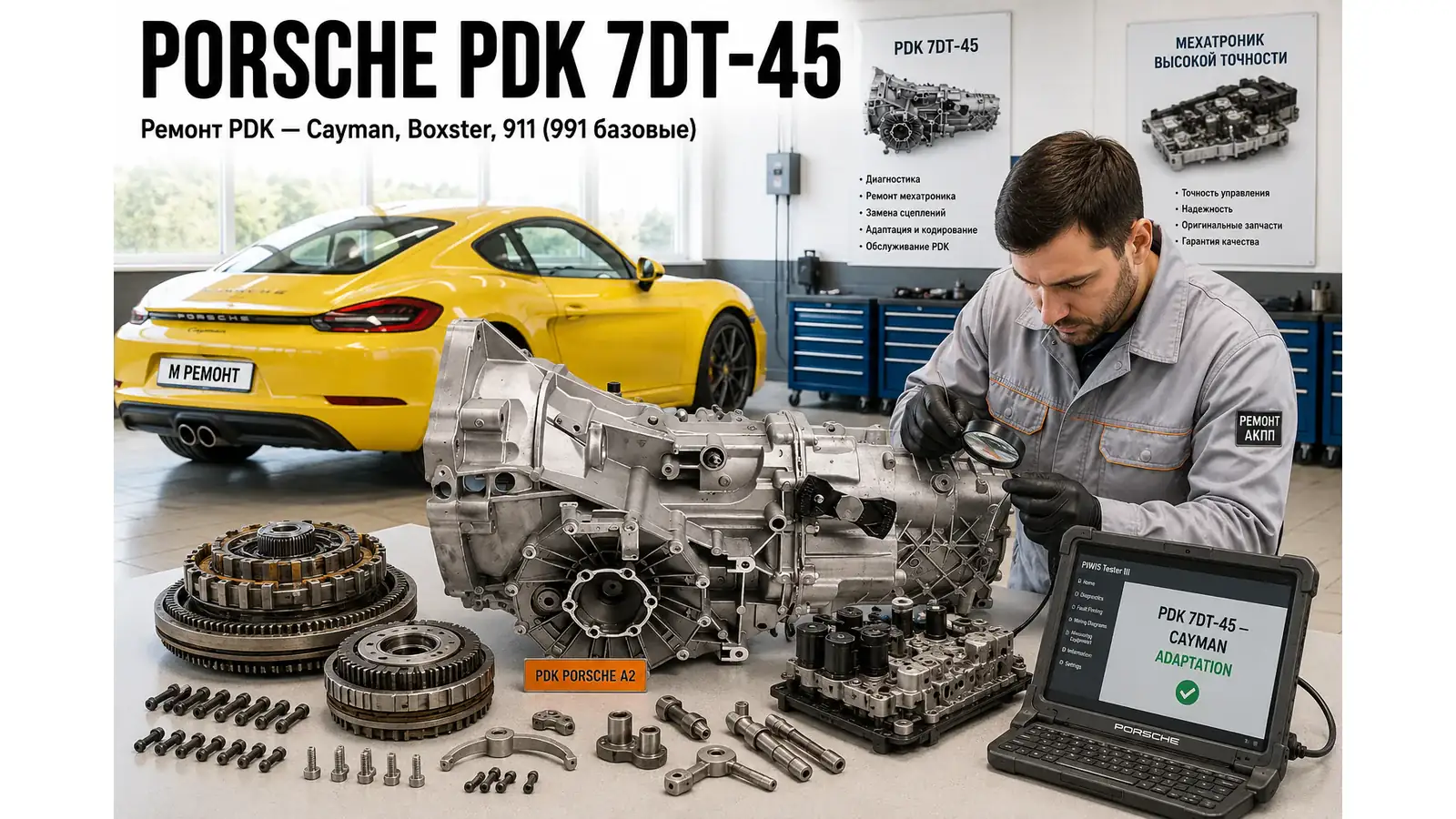 Ремонт ZF 7DT-45 (PDK) — диагностика бесплатно, гарантия 12 мес Разобранный 7-ступенчатый робот ZF 7DT-45 (PDK) на верстаке — ремонт Porsche Cayman, Boxster, 911 (991 базовый) в АКПП-МСК