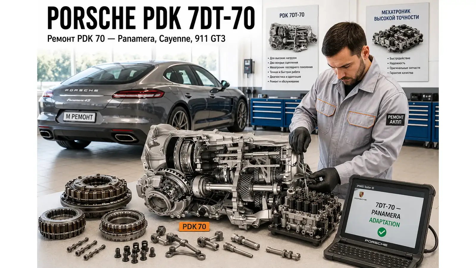 Ремонт ZF 7DT-70 (PDK / S tronic) — диагностика бесплатно, гарантия 12 мес Разобранный 7-ступенчатый робот ZF 7DT-70 (PDK / S tronic) на верстаке — ремонт Porsche Panamera, Cayenne (некоторые модификации), 911 GT3 в АКПП-МСК