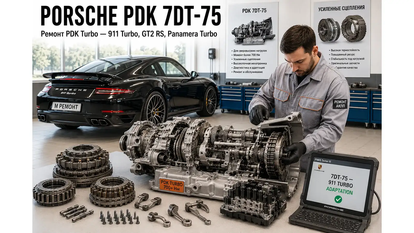 Ремонт ZF 7DT-75 — диагностика бесплатно, гарантия 12 мес Разобранный 7-ступенчатый робот ZF 7DT-75 на верстаке — ремонт Porsche 911 Turbo (991), 911 GT2 RS, Panamera Turbo в АКПП-МСК