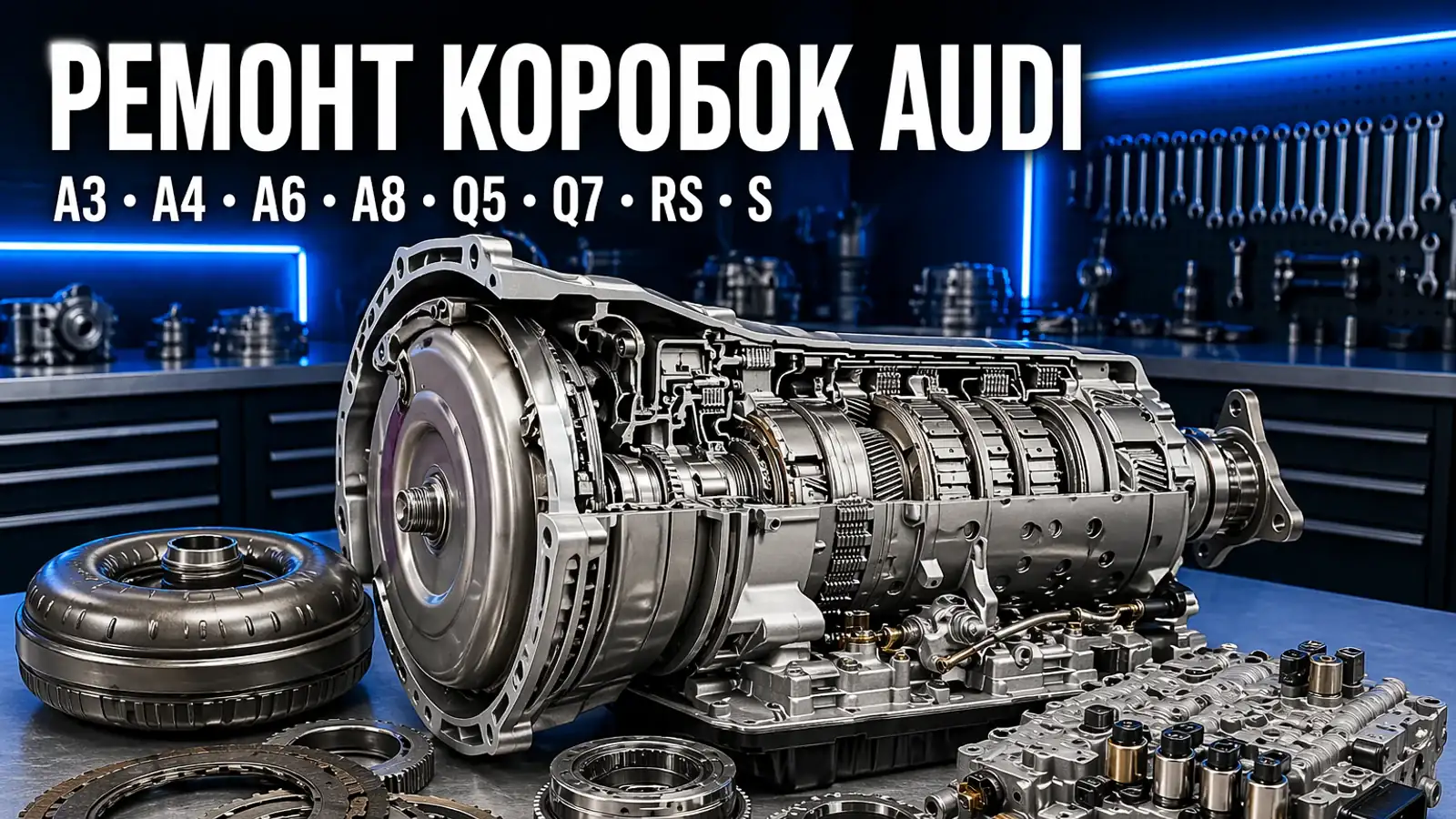 Разобранная АКПП ZF 8HP на верстаке — ремонт коробок Audi A3, A4, A6, A8, Q5, Q7, RS, S в АКПП-МСК