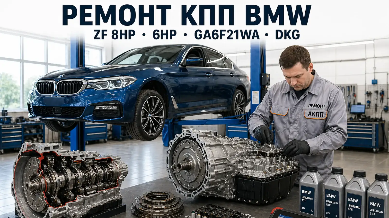 Разобранная 8-ступенчатая АКПП ZF 8HP70 на белом верстаке — ремонт коробок BMW 3, 5, 7 серии, X3, X5, X6, X7 и M-моделей в АКПП-МСК