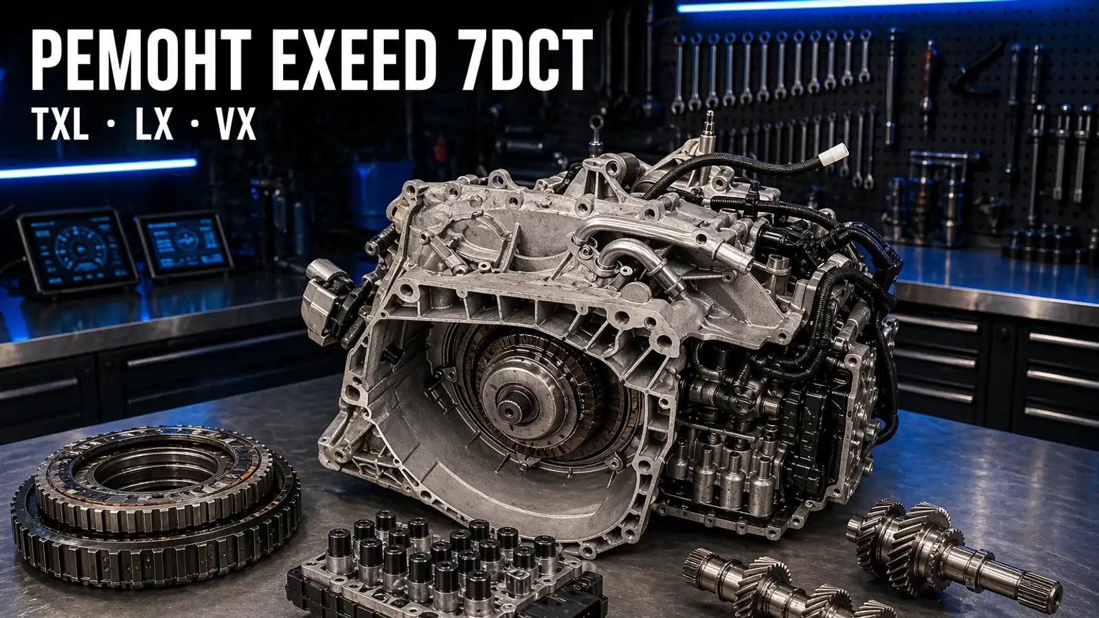 Разобранный робот 7DCT Getrag на верстаке — ремонт коробок EXEED TXL, LX, VX в АКПП-МСК