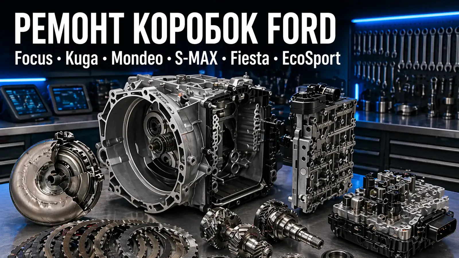 Разобранная АКПП Ford 6F35 на верстаке — ремонт коробок Ford Focus, Kuga, Mondeo, S-MAX, Fiesta, EcoSport в АКПП-МСК