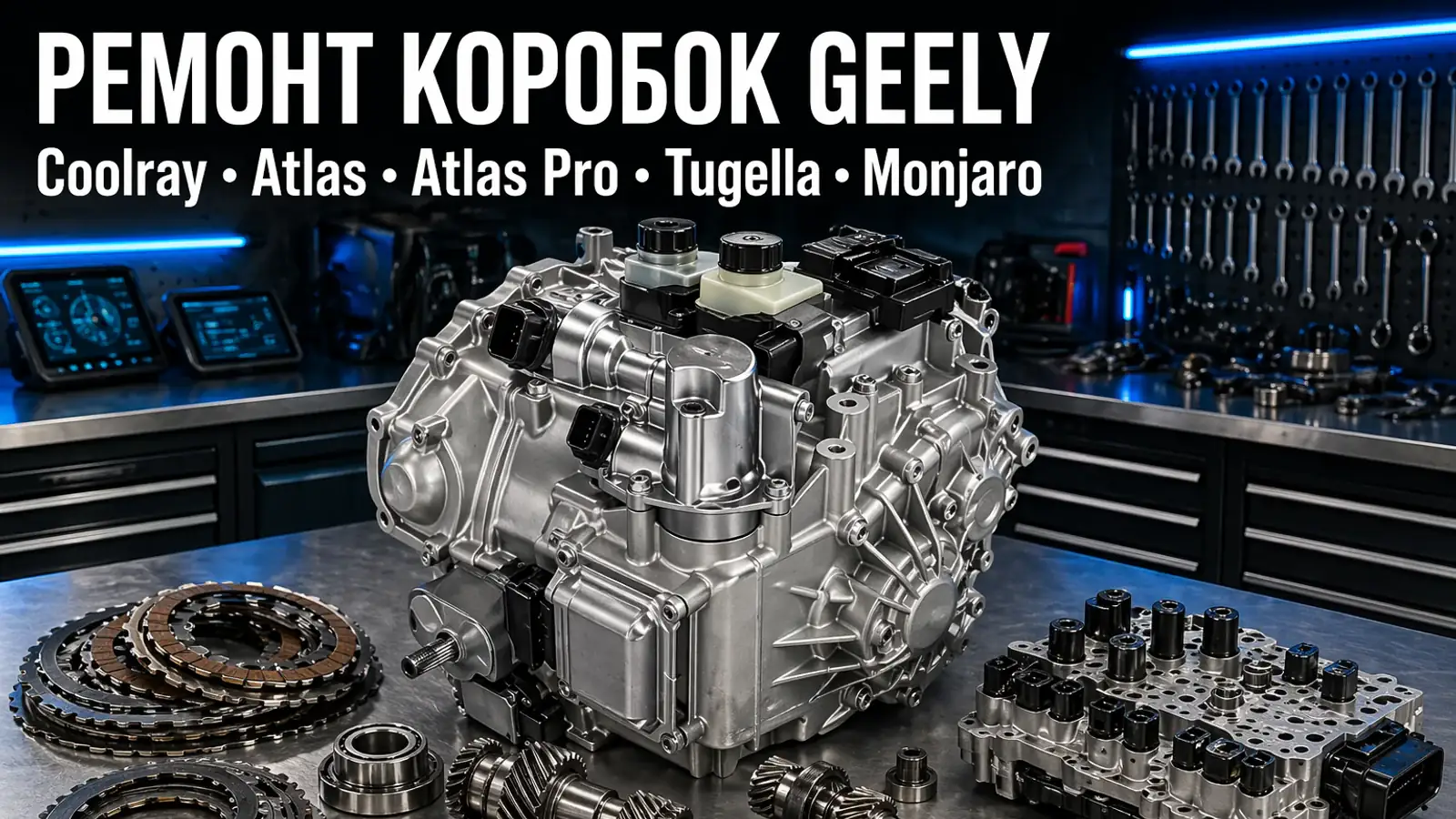 Разобранный 7DCT250 на верстаке — ремонт коробок Geely Coolray, Atlas, Atlas Pro, Tugella, Monjaro в АКПП-МСК