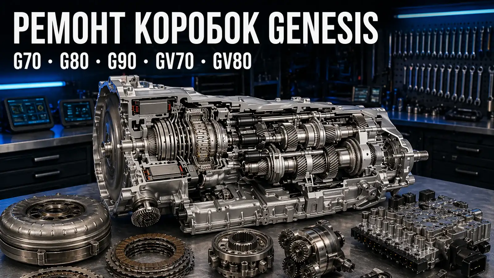 Разобранная АКПП Genesis на верстаке — ремонт коробок Genesis G70, G80, G90, GV70, GV80 в АКПП-МСК
