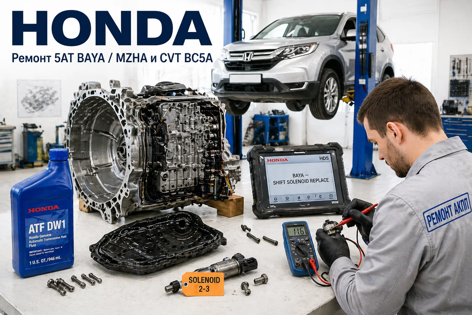 Разобранная 5-ступенчатая АКПП Honda BAYA с соленоидом 2-3 и канистрой ATF Honda DW1 — ремонт коробок Honda CR-V, Civic, Accord, Pilot в АКПП-МСК