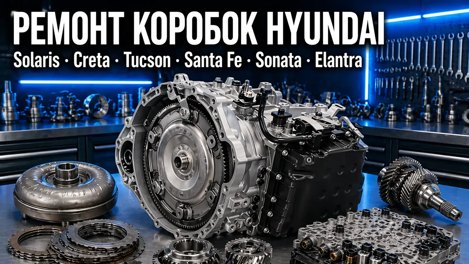 Разобранная АКПП Hyundai A6MF на верстаке — ремонт коробок Hyundai Solaris, Creta, Tucson, Santa Fe, Sonata, Elantra в АКПП-МСК