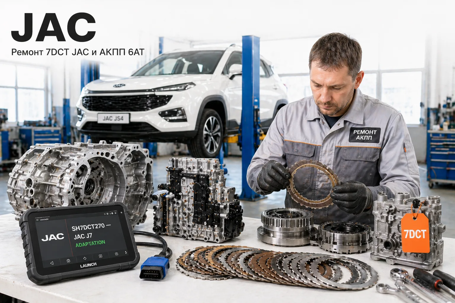 Разобранный 7DCT JAC SH7DCT270 на верстаке и сканер с диагностикой J7 — ремонт коробок JAC J7, JS4, JS6, T6, T8 в АКПП-МСК