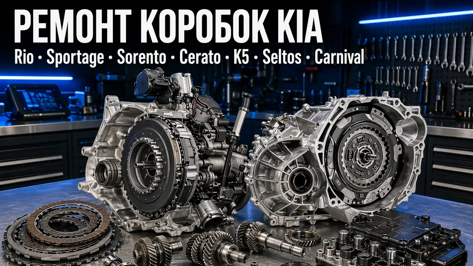 Разобранный 7-DCT D7UF1 на верстаке — ремонт коробок Kia Rio, Sportage, Sorento, Cerato, K5, Seltos, Carnival в АКПП-МСК