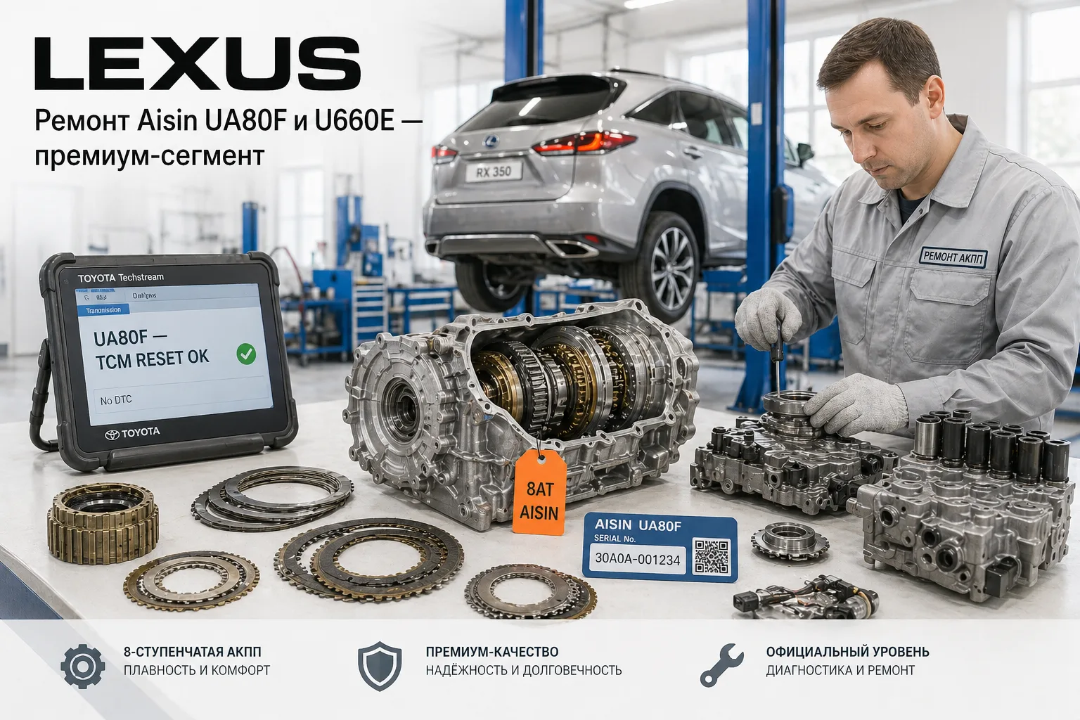 Разобранная 8-ступенчатая АКПП Aisin UA80F с золотистыми планетарными рядами — ремонт коробок Lexus ES, RX, NX, IS, LX в АКПП-МСК