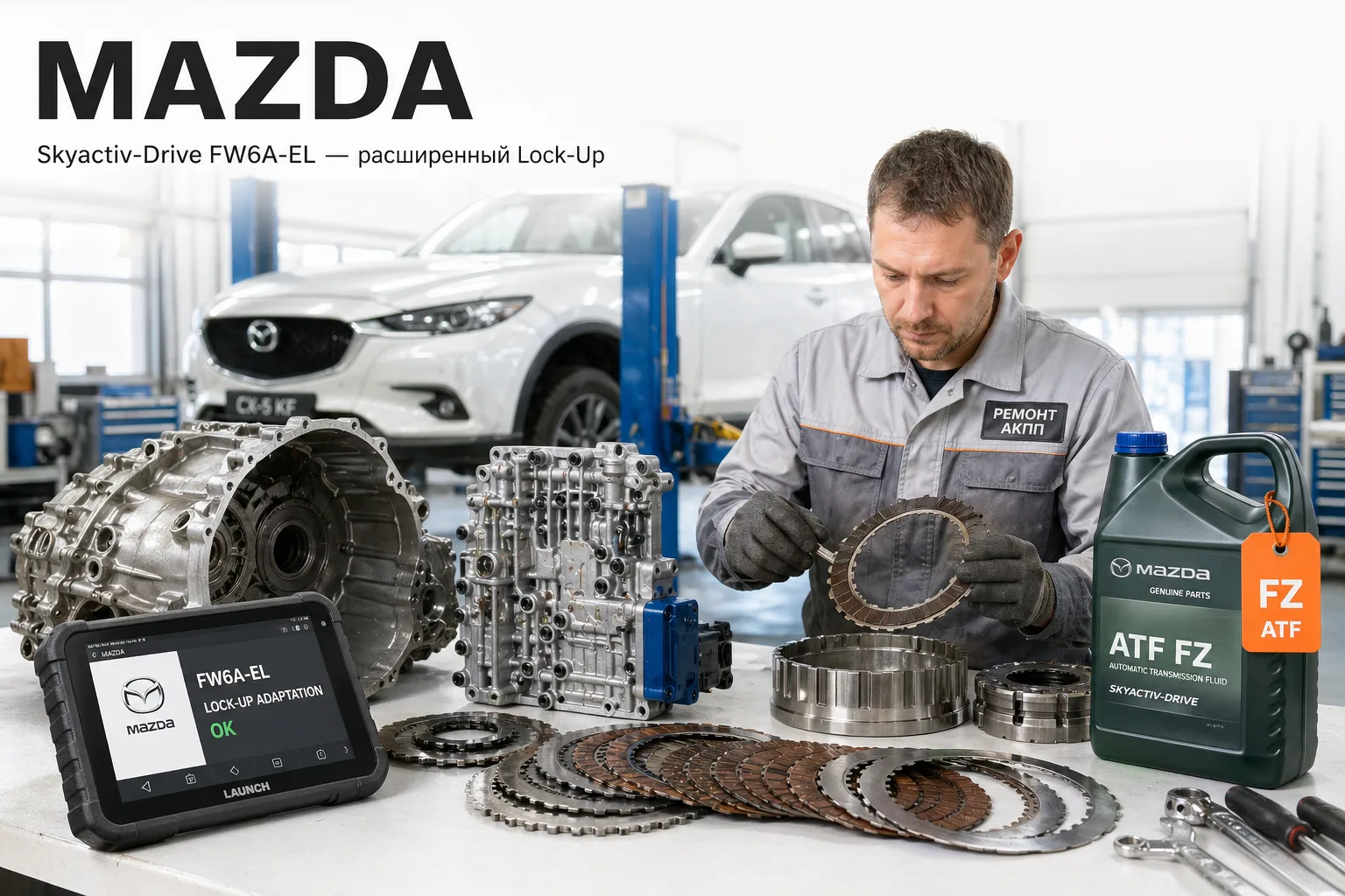 Разобранная АКПП Mazda Skyactiv-Drive FW6A-EL (Aisin AWF6F35) с расширенным Lock-Up и канистрой ATF Mazda FZ — ремонт коробок Mazda CX-5, 3, 6, CX-9 в АКПП-МСК