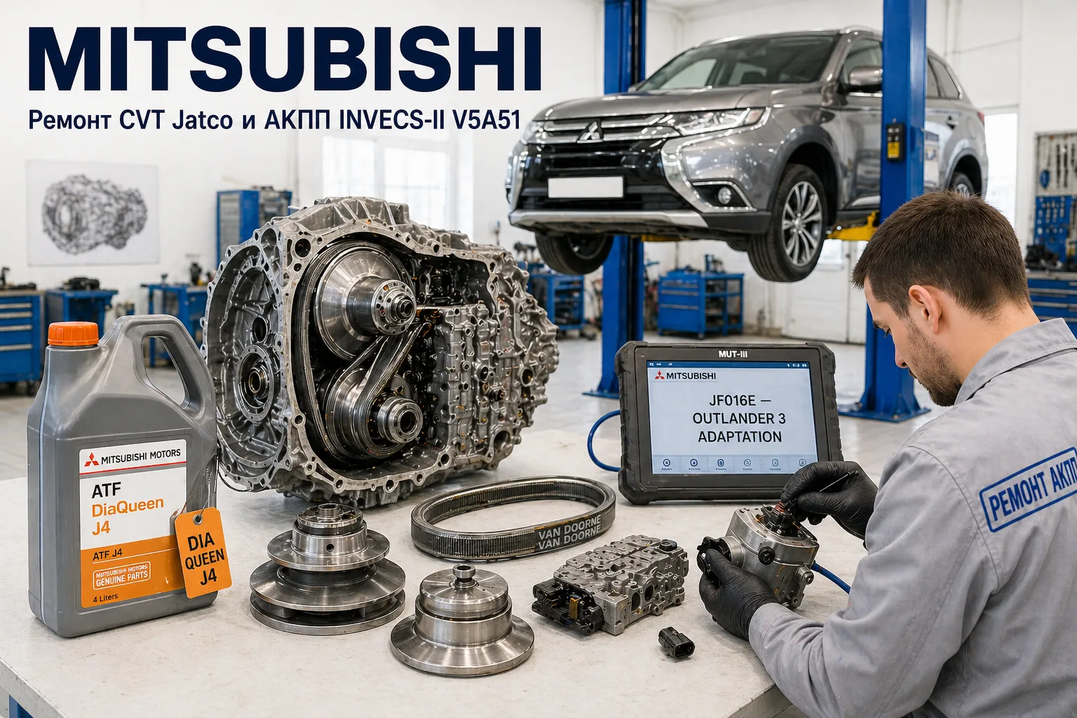 Разобранный вариатор Jatco JF016E с ремнём Van Doorne и канистрой ATF Mitsubishi DiaQueen J4 — ремонт CVT и АКПП Mitsubishi Outlander, Pajero, ASX в АКПП-МСК