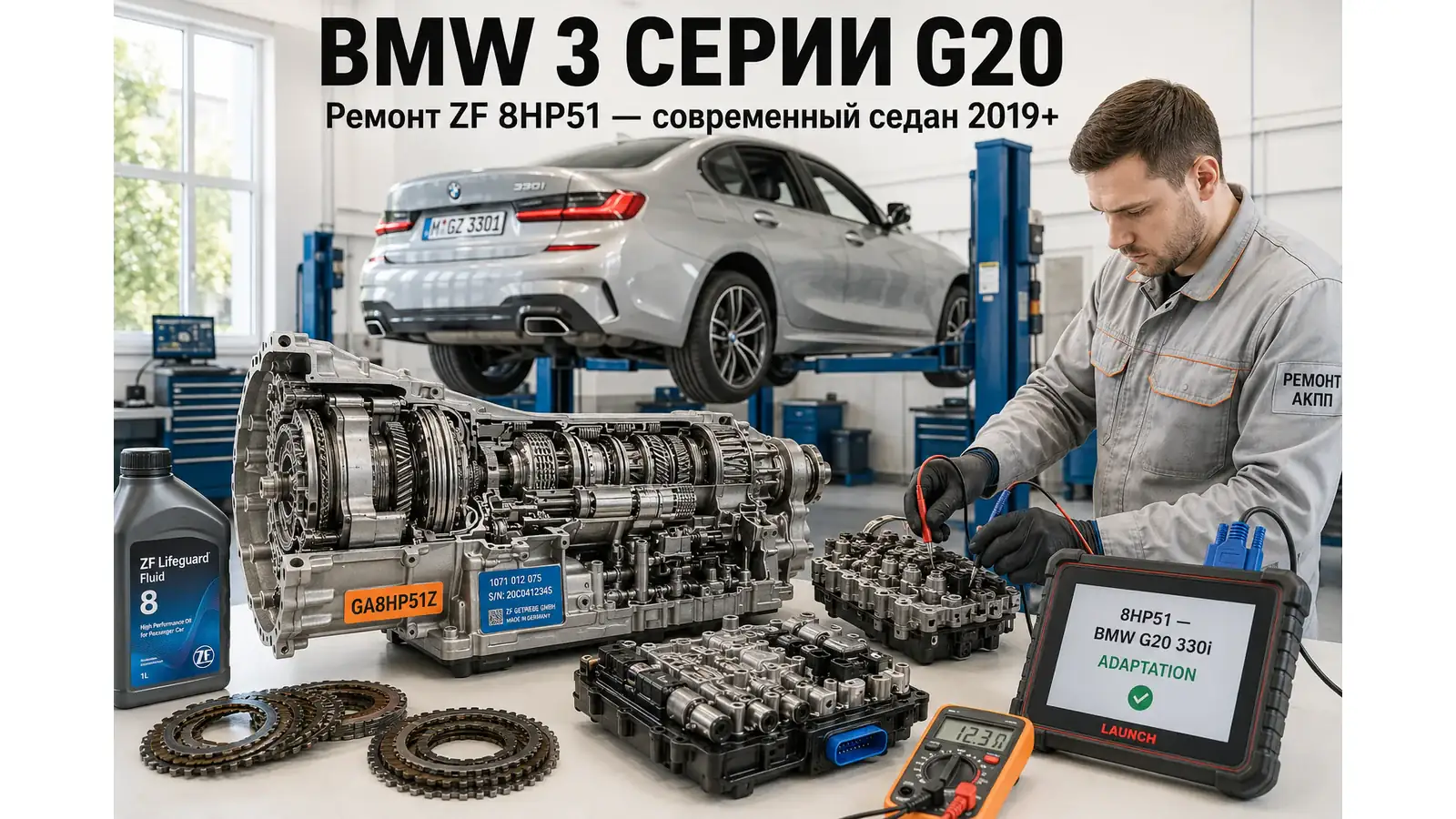 Ремонт КПП BMW 3 серии G20 | АКПП-МСК Ремонт коробки передач BMW 3 серии G20 (2019–2024) в Москве — ZF 8HP51 / 8HP76 (GA8HP51Z), диагностика бесплатно, гарантия 12 месяцев