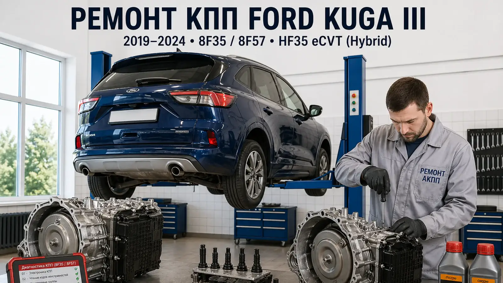 Ремонт КПП Ford Kuga III | АКПП-МСК Ремонт коробки передач Ford Kuga III (2019–2024) в Москве — 8F35 / 8F57 / HF35 eCVT, диагностика бесплатно, гарантия 12 месяцев