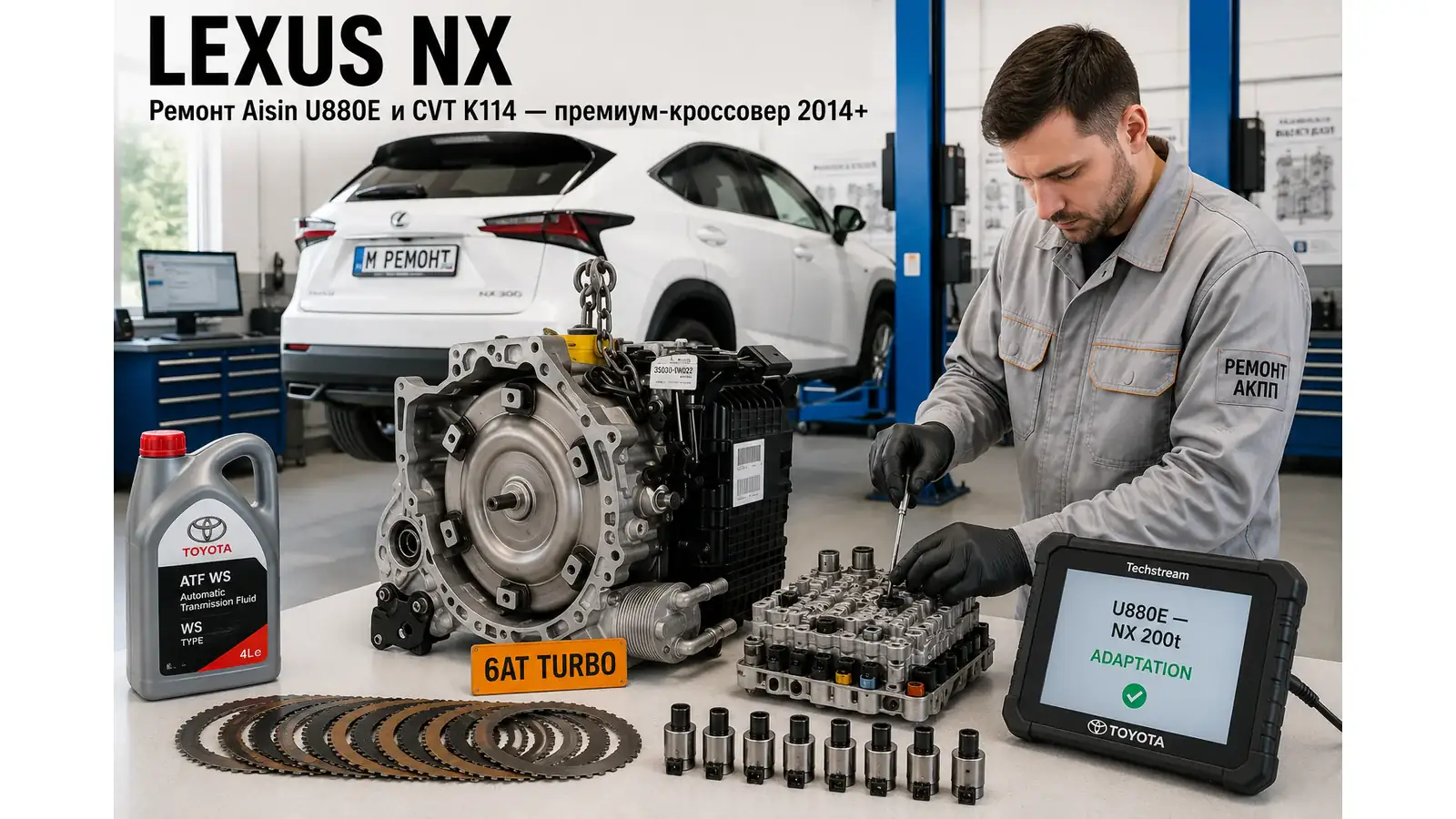 Ремонт КПП Lexus NX | АКПП-МСК Ремонт коробки передач Lexus NX (2014–2024) в Москве — Aisin U880E / K114 / eCVT, диагностика бесплатно, гарантия 12 месяцев