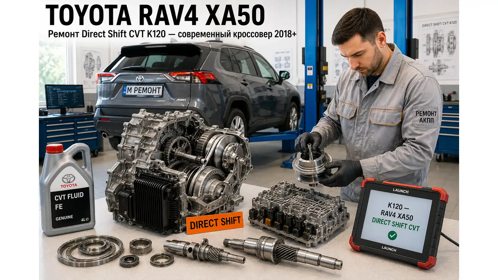 Ремонт КПП Toyota RAV4 XA50 | АКПП-МСК Ремонт коробки передач Toyota RAV4 XA50 (2018–2024) в Москве — K120 (Direct Shift CVT) / eCVT (P810), диагностика бесплатно, гарантия 12 месяцев