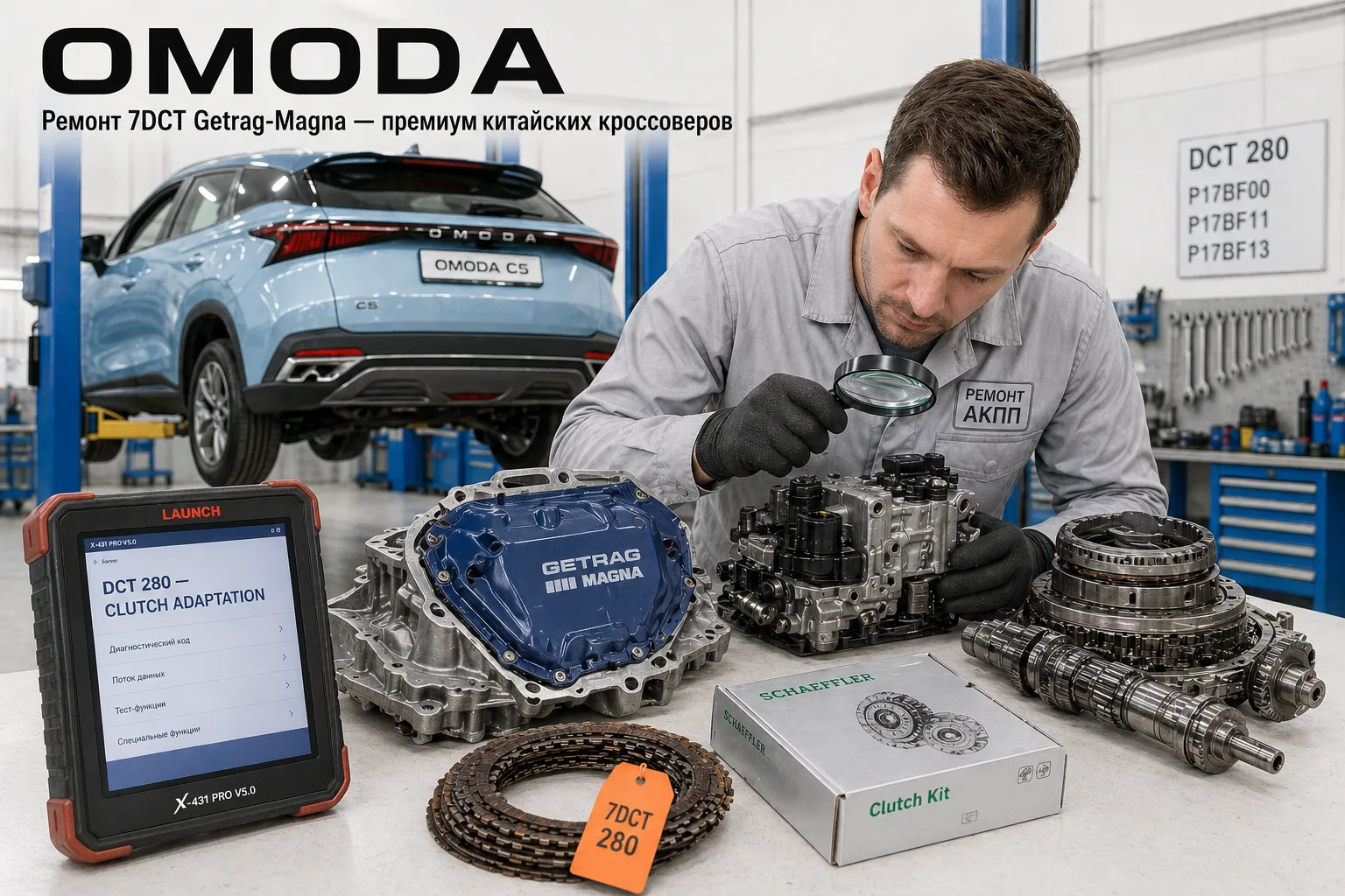Разобранный 7-ступенчатый преселективный робот DCT 270 (Getrag-Magna) с двойным сцеплением и мехатроником — ремонт OMODA C5, 5 GT, S5, C7 в АКПП-МСК
