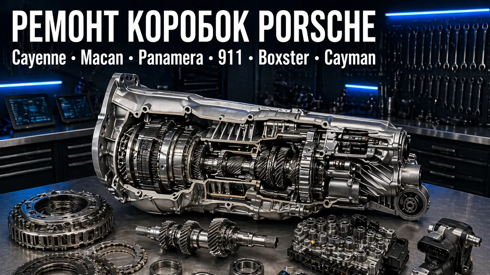 Разобранная PDK на верстаке — ремонт коробок Porsche Cayenne, Macan, Panamera, 911, Boxster, Cayman в АКПП-МСК