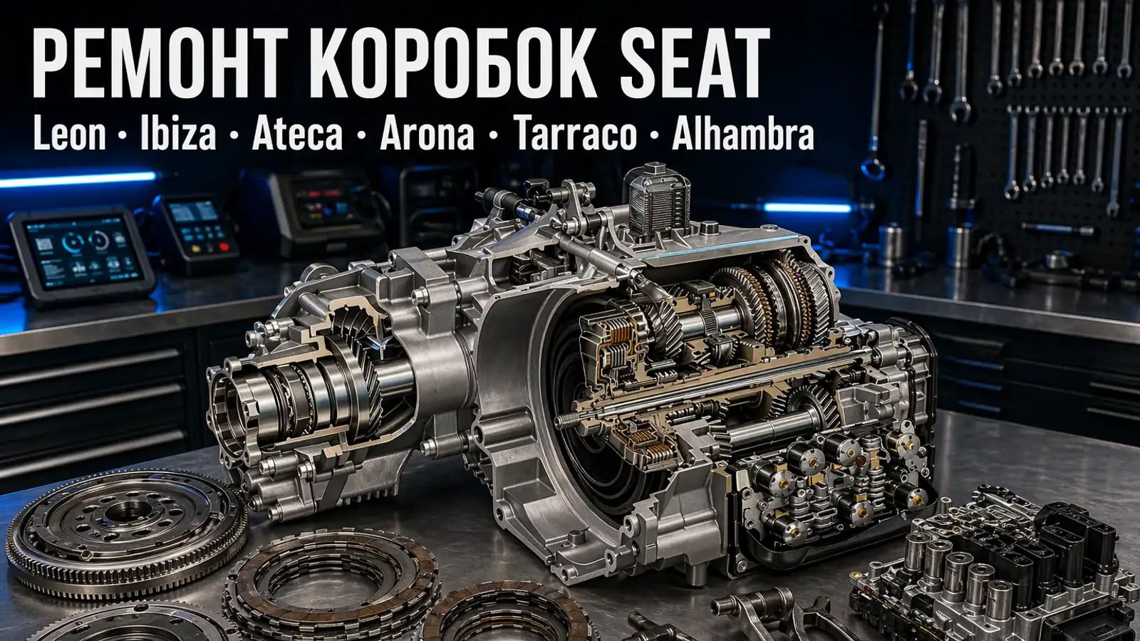 Разобранная DSG DQ250 на верстаке — ремонт коробок SEAT Leon, Ibiza, Ateca, Arona, Tarraco, Alhambra в АКПП-МСК