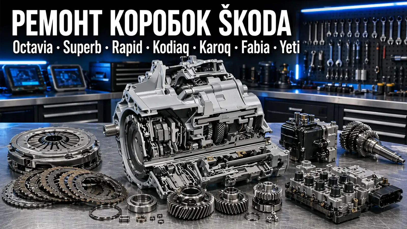 Разобранная DSG DQ200 на верстаке — ремонт коробок Škoda Octavia, Superb, Rapid, Kodiaq, Karoq, Fabia, Yeti в АКПП-МСК