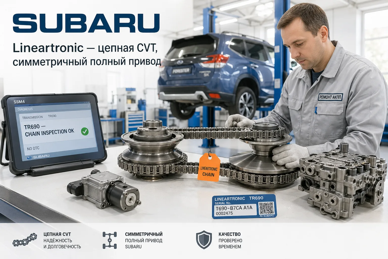 Разобранный цепной вариатор Subaru Lineartronic TR690 с металлической цепью и step-motor — ремонт CVT Subaru Forester, Outback, XV, Impreza в АКПП-МСК
