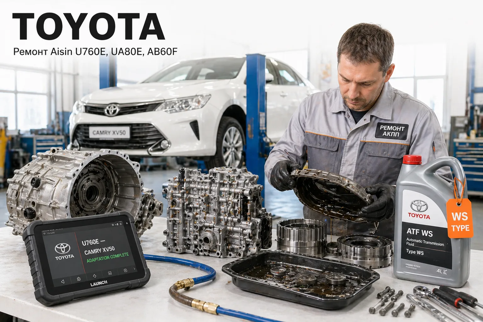 Разобранная АКПП Aisin U760E с гидроблоком и канистрой ATF Toyota WS Type — ремонт коробок Toyota Camry, RAV4, Corolla, Highlander, Land Cruiser в АКПП-МСК