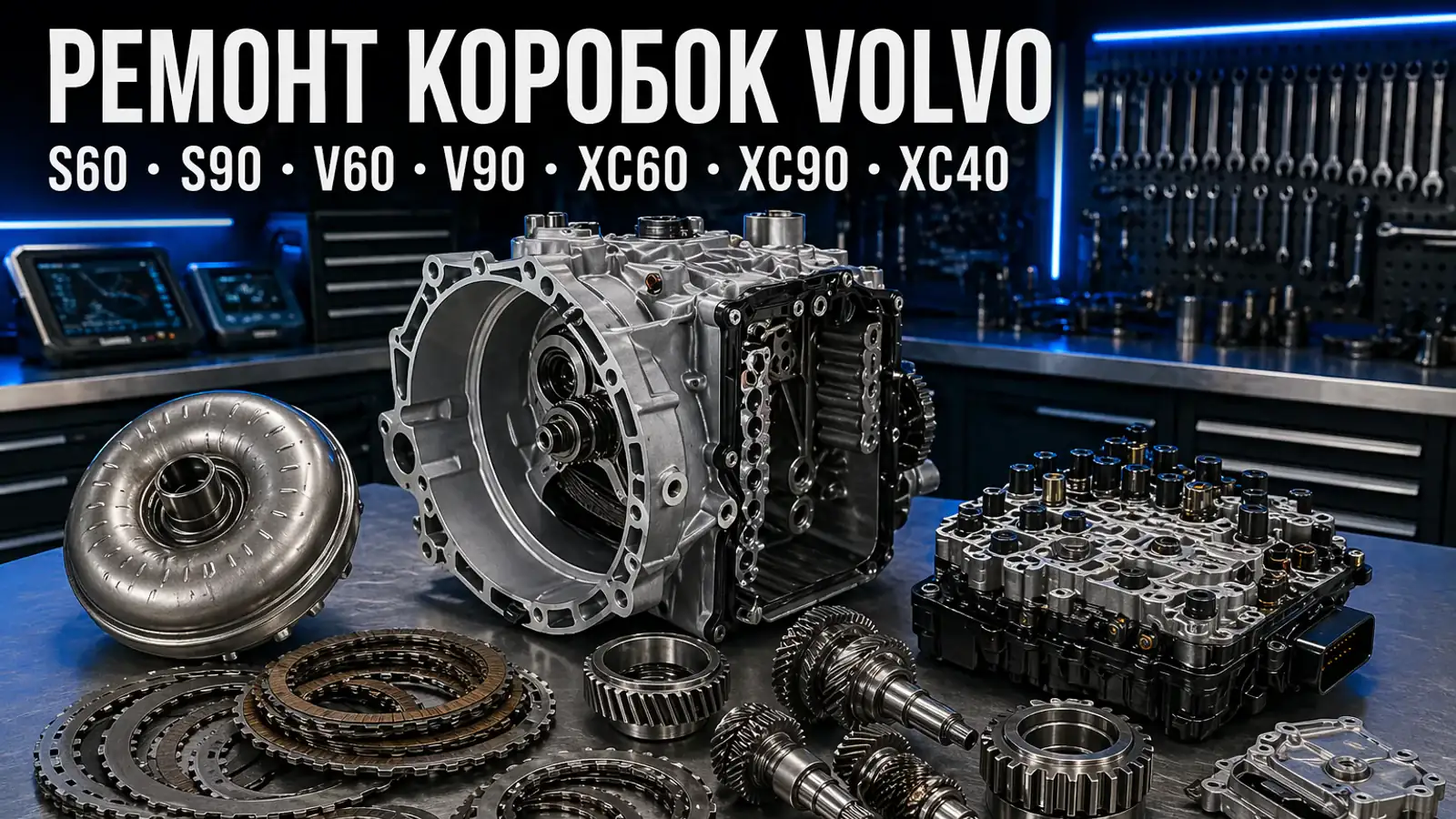 Разобранная АКПП Aisin AWF8F35 на верстаке — ремонт коробок Volvo S60, S90, V60, V90, XC60, XC90, XC40 в АКПП-МСК