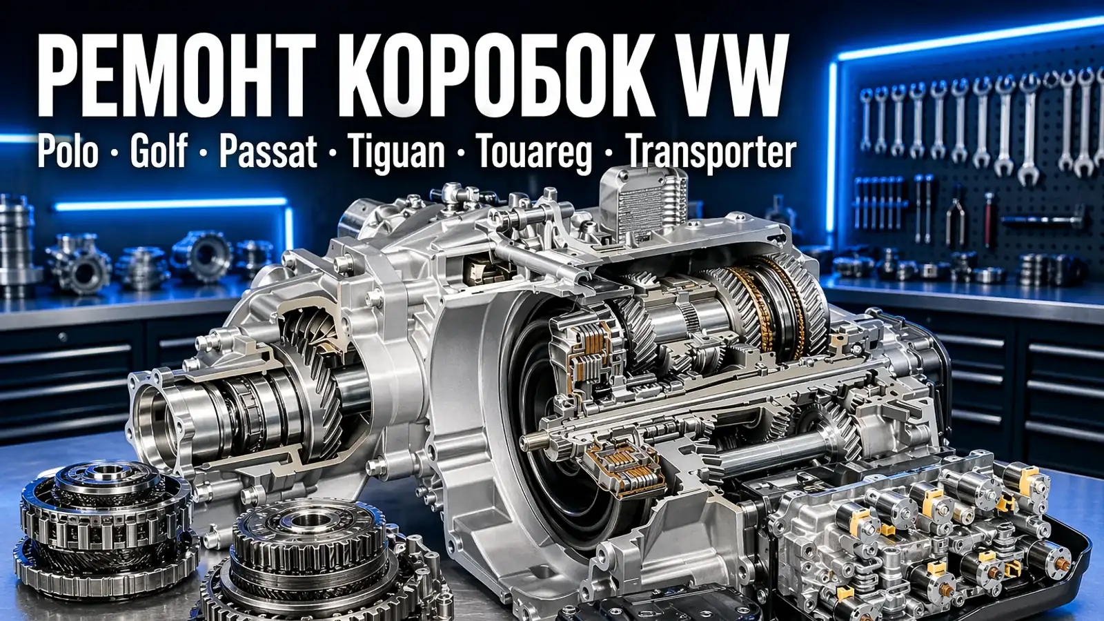 Разобранная DSG DQ250 на верстаке — ремонт коробок Volkswagen Polo, Golf, Passat, Tiguan, Touareg, Transporter в АКПП-МСК